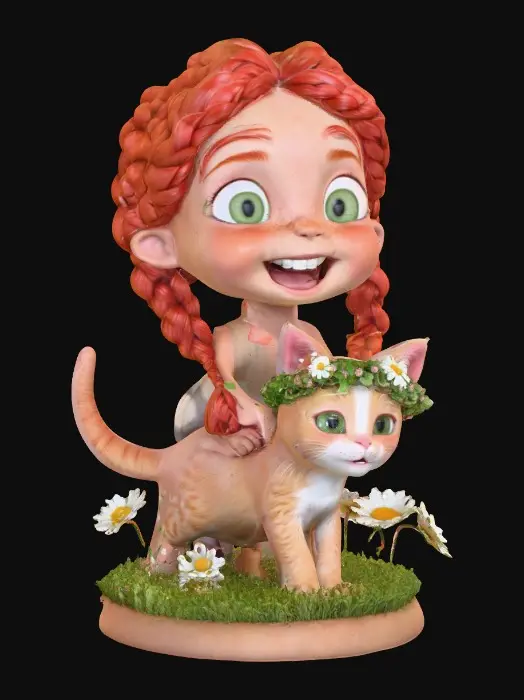 3D model for Hyper-realistic, adorable, laughing, freckled face, green eyed girl with long, red, intricate braids and a playful kitten with a flower crown, tugging at one of the braids, they are perched on a small, round grassy base with delicate daisy-like flowers, evoking joyous fun. Suitable for 3d printing. Well formed limbs and clear faces.