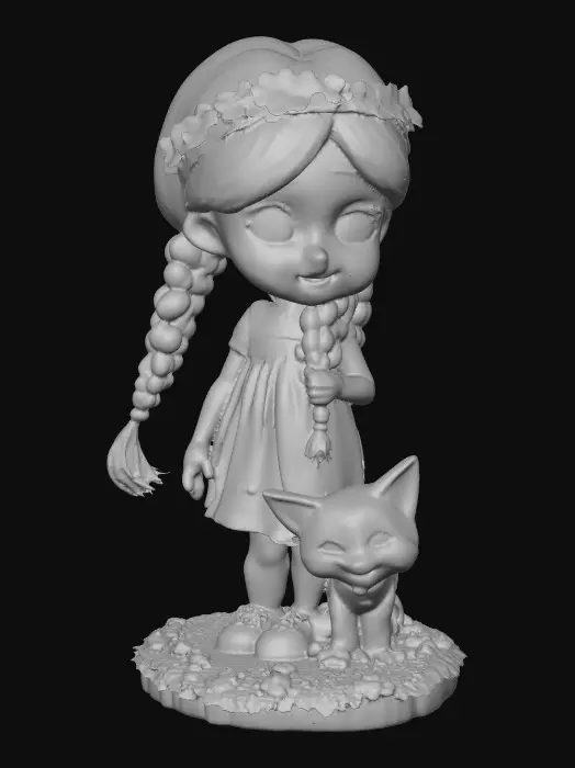 3D model for Hyper-realistic, adorable, laughing, freckled face, green eyed girl with long, red, intricate braids and a playful kitten with a flower crown, tugging at one of the braids, they are perched on a small, round grassy base with delicate daisy-like flowers, evoking joyous fun. Suitable for 3d printing. Well formed limbs and clear faces.