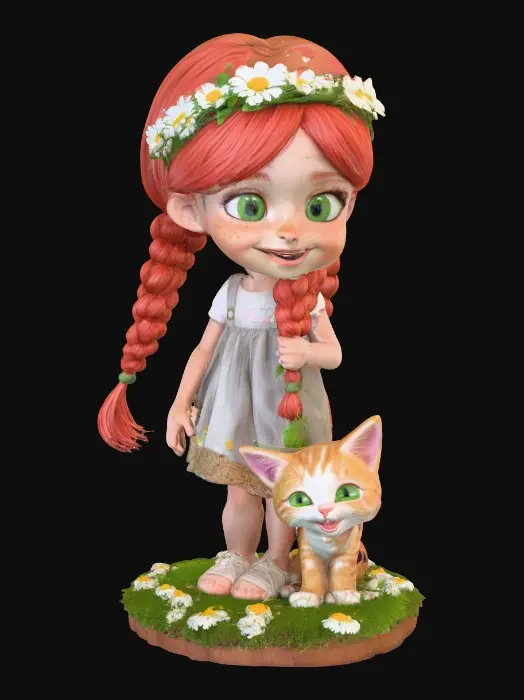 3D model for Hyper-realistic, adorable, laughing, freckled face, green eyed girl with long, red, intricate braids and a playful kitten with a flower crown, tugging at one of the braids, they are perched on a small, round grassy base with delicate daisy-like flowers, evoking joyous fun. Suitable for 3d printing. Well formed limbs and clear faces.