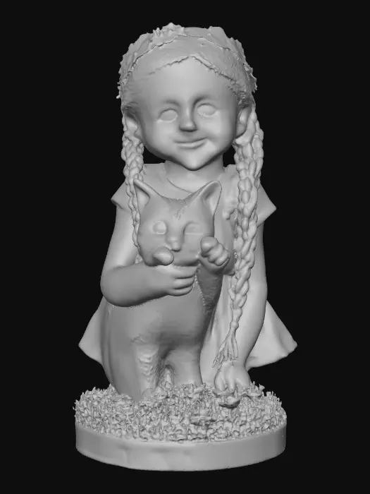 3D model for Hyper-realistic, adorable, laughing, freckled face, green eyed girl with long, red, intricate braids and a playful kitten with a flower crown, tugging at one of the braids, they are perched on a small, round grassy base with delicate daisy-like flowers, evoking joyous fun. Suitable for 3d printing. Well formed limbs and clear faces.