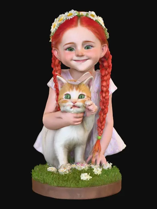 3D model for Hyper-realistic, adorable, laughing, freckled face, green eyed girl with long, red, intricate braids and a playful kitten with a flower crown, tugging at one of the braids, they are perched on a small, round grassy base with delicate daisy-like flowers, evoking joyous fun. Suitable for 3d printing. Well formed limbs and clear faces.