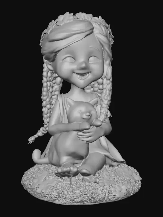 3D model for Hyper-realistic, adorable, laughing, freckled face, green eyed girl with long, red, intricate braids and a playful kitten with a flower crown, tugging at one of the braids, they are perched on a small, round grassy base with delicate daisy-like flowers, evoking joyous fun. Suitable for 3d printing. Well formed limbs and clear faces.