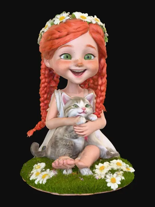 3D model for Hyper-realistic, adorable, laughing, freckled face, green eyed girl with long, red, intricate braids and a playful kitten with a flower crown, tugging at one of the braids, they are perched on a small, round grassy base with delicate daisy-like flowers, evoking joyous fun. Suitable for 3d printing. Well formed limbs and clear faces.
