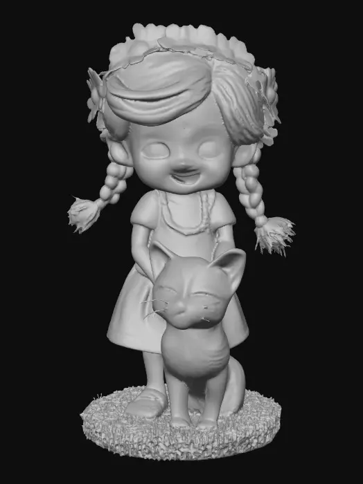 3D model for Hyper-realistic, adorable, laughing, freckled face, green eyed girl with long, red, intricate braids and a playful kitten with a flower crown, tugging at one of the braids, they are perched on a small, round grassy base with delicate daisy-like flowers, evoking joyous fun. Suitable for 3d printing. Well formed limbs and clear faces.