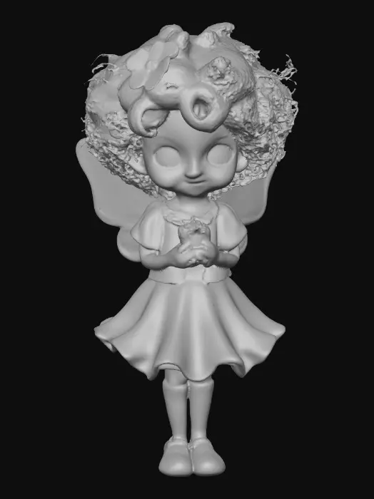 3D model for Fantasy art. Full body shot. An adorable curly redheaded fairy holds a basket of ripe strawberries in one hand and a red ripe strawberry in her other hand. She is dressed in a green and white frock and striped socks on her feet and standing on a round slice of a log. Whimsical storybook art. Delicate features and wide smile. Dreamy soft lighting with pastel colors. Against a pure white background. Fantasy art, illustration, detailed, charming, whimsical, storybook art, best quality, masterpiece, 8k.