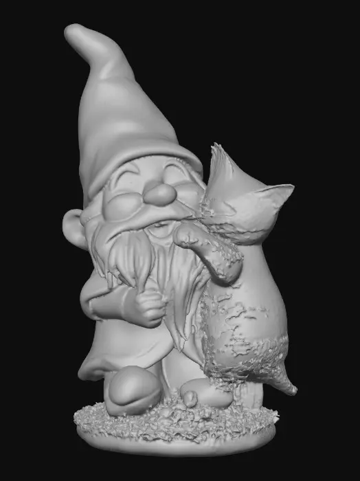 3D model for Hyper-realistic adorable laughing gnome and an adorable long-whiskered kitten that is playfully tugging at a strand of the gnome's long beard. They are positioned on a small, round grassy base adorned with delicate daisy-like flowers, evoking a scene of pure, joyful fun