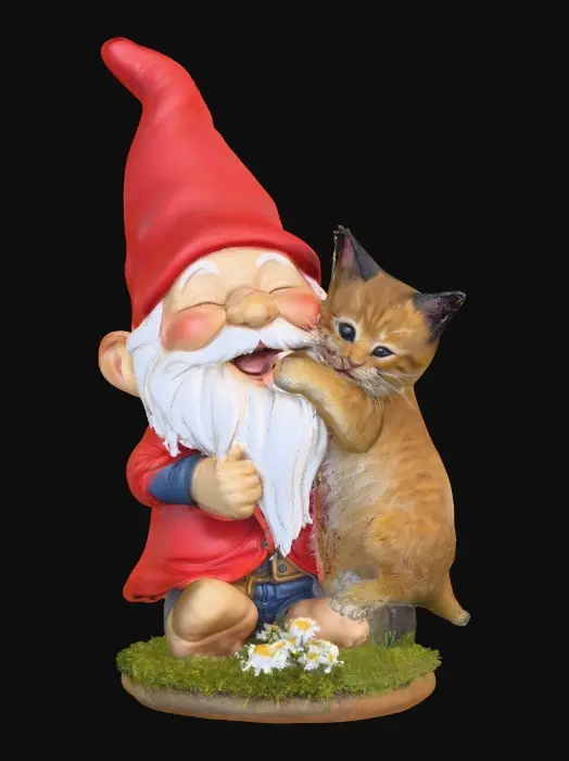 3D model for Hyper-realistic adorable laughing gnome and an adorable long-whiskered kitten that is playfully tugging at a strand of the gnome's long beard. They are positioned on a small, round grassy base adorned with delicate daisy-like flowers, evoking a scene of pure, joyful fun
