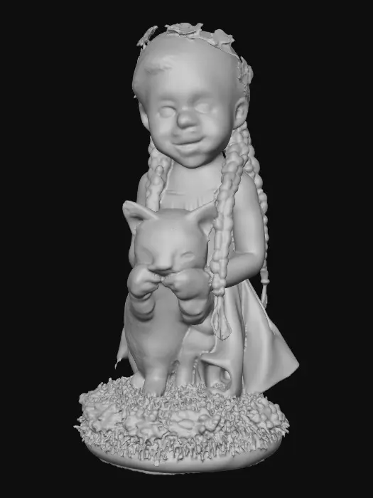 3D model for Cartoonish, adorable, laughing, freckled face, green eyed girl with long, red, intricate braids and a playful kitten with a flower crown, tugging at one of the braids, they are perched on a small, round grassy base with delicate daisy-like flowers, evoking joyous fun. Suitable for 3d printing. Well formed limbs and clear faces.