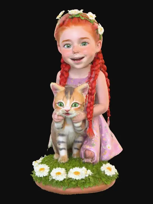 3D model for Cartoonish, adorable, laughing, freckled face, green eyed girl with long, red, intricate braids and a playful kitten with a flower crown, tugging at one of the braids, they are perched on a small, round grassy base with delicate daisy-like flowers, evoking joyous fun. Suitable for 3d printing. Well formed limbs and clear faces.