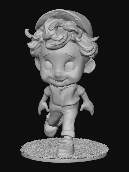 3D model for Ultra-detailed Pixar/Disney style 3D character, cute young boy walking forward confidently, stylized cartoon proportions, big expressive brown eyes, soft round freckled face, laughing out loud, curly auburn hair with cap,  blue jeans and yellow stripe shirt and black shoes. Round grassy base. Cinematic warm lighting, golden hour atmosphere, soft depth of field,  Smooth animation-quality rendering, high realism textures, soft shadows, professional character design, full body shot, slight low angle perspective, cinematic composition, ultra sharp focus, 8K resolution, Unreal Engine / Pixar quality, clean render, no text, no watermark.