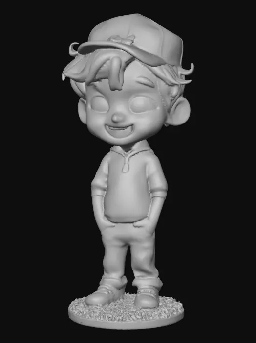3D model for Ultra-detailed Pixar/Disney style 3D character, cute young boy walking forward confidently, stylized cartoon proportions, big expressive brown eyes, soft round freckled face, laughing out loud, curly auburn hair with cap,  blue jeans and yellow stripe shirt and black shoes. Round grassy base. Cinematic warm lighting, golden hour atmosphere, soft depth of field,  Smooth animation-quality rendering, high realism textures, soft shadows, professional character design, full body shot, slight low angle perspective, cinematic composition, ultra sharp focus, 8K resolution, Unreal Engine / Pixar quality, clean render, no text, no watermark.