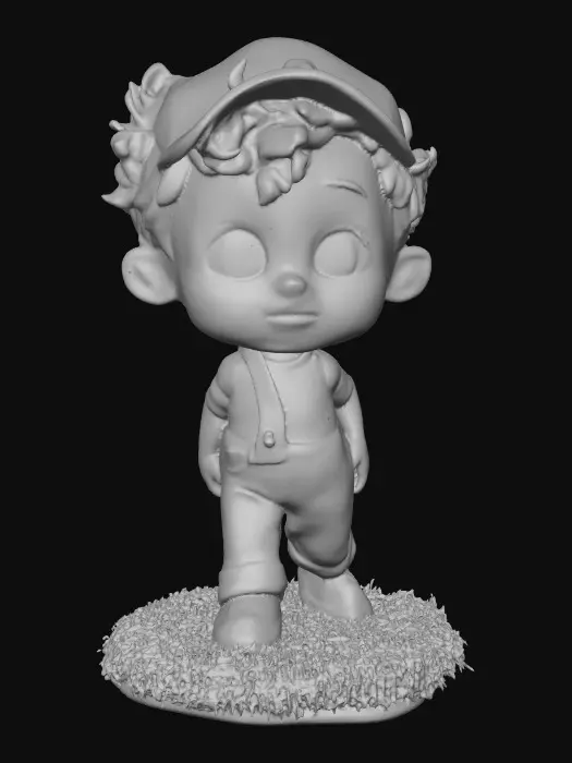 3D model for Ultra-detailed Pixar/Disney style 3D character, cute young boy walking forward confidently, stylized cartoon proportions, big expressive brown eyes, soft round freckled face, laughing out loud, curly auburn hair with cap,  blue jeans and yellow stripe shirt and black shoes. Round grassy base. Cinematic warm lighting, golden hour atmosphere, soft depth of field,  Smooth animation-quality rendering, high realism textures, soft shadows, professional character design, full body shot, slight low angle perspective, cinematic composition, ultra sharp focus, 8K resolution, Unreal Engine / Pixar quality, clean render, no text, no watermark.