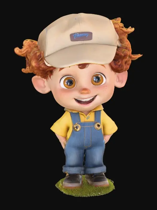 3D model for Ultra-detailed Pixar/Disney style 3D character, cute young boy walking forward confidently, stylized cartoon proportions, big expressive brown eyes, soft round freckled face, laughing out loud, curly auburn hair with cap,  blue jeans and yellow stripe shirt and black shoes. Round grassy base. Cinematic warm lighting, golden hour atmosphere, soft depth of field,  Smooth animation-quality rendering, high realism textures, soft shadows, professional character design, full body shot, slight low angle perspective, cinematic composition, ultra sharp focus, 8K resolution, Unreal Engine / Pixar quality, clean render, no text, no watermark.