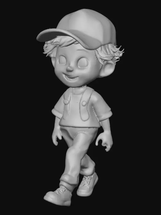 3D model for Ultra-detailed Pixar/Disney style 3D character, cute young boy walking forward confidently, stylized cartoon proportions, big expressive brown eyes, soft round freckled face, laughing out loud, curly auburn hair with cap,  blue jeans and yellow stripe shirt and black shoes. Round grassy base. Cinematic warm lighting, golden hour atmosphere, soft depth of field,  Smooth animation-quality rendering, high realism textures, soft shadows, professional character design, full body shot, slight low angle perspective, cinematic composition, ultra sharp focus, 8K resolution, Unreal Engine / Pixar quality, clean render, no text, no watermark.