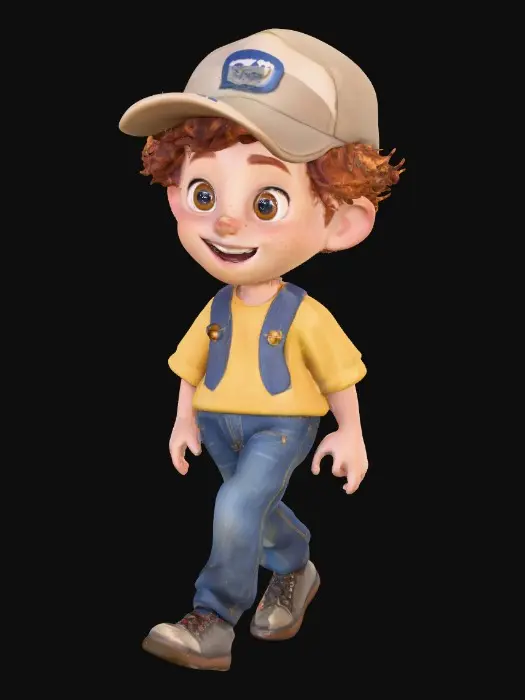 3D model for Ultra-detailed Pixar/Disney style 3D character, cute young boy walking forward confidently, stylized cartoon proportions, big expressive brown eyes, soft round freckled face, laughing out loud, curly auburn hair with cap,  blue jeans and yellow stripe shirt and black shoes. Round grassy base. Cinematic warm lighting, golden hour atmosphere, soft depth of field,  Smooth animation-quality rendering, high realism textures, soft shadows, professional character design, full body shot, slight low angle perspective, cinematic composition, ultra sharp focus, 8K resolution, Unreal Engine / Pixar quality, clean render, no text, no watermark.