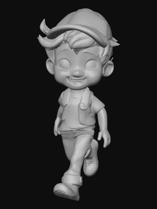 3D model for Ultra-detailed Pixar/Disney style 3D character, cute young boy walking forward confidently, stylized cartoon proportions, big expressive brown eyes, soft round freckled face, laughing out loud, curly auburn hair with cap,  blue jeans and yellow stripe shirt and black shoes. Round grassy base. Cinematic warm lighting, golden hour atmosphere, soft depth of field,  Smooth animation-quality rendering, high realism textures, soft shadows, professional character design, full body shot, slight low angle perspective, cinematic composition, ultra sharp focus, 8K resolution, Unreal Engine / Pixar quality, clean render, no text, no watermark.