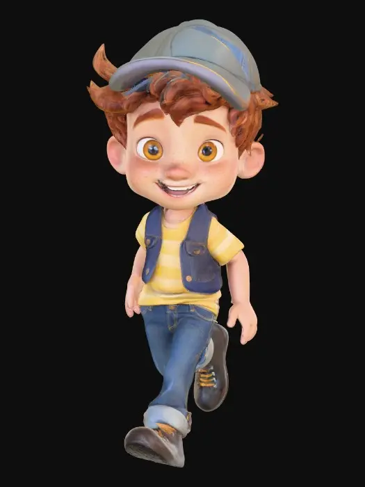 3D model for Ultra-detailed Pixar/Disney style 3D character, cute young boy walking forward confidently, stylized cartoon proportions, big expressive brown eyes, soft round freckled face, laughing out loud, curly auburn hair with cap,  blue jeans and yellow stripe shirt and black shoes. Round grassy base. Cinematic warm lighting, golden hour atmosphere, soft depth of field,  Smooth animation-quality rendering, high realism textures, soft shadows, professional character design, full body shot, slight low angle perspective, cinematic composition, ultra sharp focus, 8K resolution, Unreal Engine / Pixar quality, clean render, no text, no watermark.