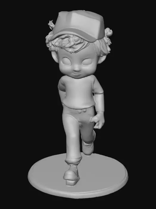 3D model for Ultra-detailed Pixar/Disney style 3D character, cute young boy walking forward confidently, stylized cartoon proportions, big expressive brown eyes, soft round freckled face, laughing out loud, curly auburn hair with cap,  blue jeans and yellow stripe shirt and black shoes. Round grassy base. Cinematic warm lighting, golden hour atmosphere, soft depth of field,  Smooth animation-quality rendering, high realism textures, soft shadows, professional character design, full body shot, slight low angle perspective, cinematic composition, ultra sharp focus, 8K resolution, Unreal Engine / Pixar quality, clean render, no text, no watermark.