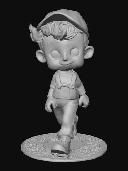 3D model for Ultra-detailed Pixar/Disney style 3D character, cute young boy walking forward confidently, stylized cartoon proportions, big expressive brown eyes, soft round freckled face, laughing out loud, curly auburn hair with cap,  blue jeans and yellow stripe shirt and black shoes. Round grassy base. Cinematic warm lighting, golden hour atmosphere, soft depth of field,  Smooth animation-quality rendering, high realism textures, soft shadows, professional character design, full body shot, slight low angle perspective, cinematic composition, ultra sharp focus, 8K resolution, Unreal Engine / Pixar quality, clean render, no text, no watermark.