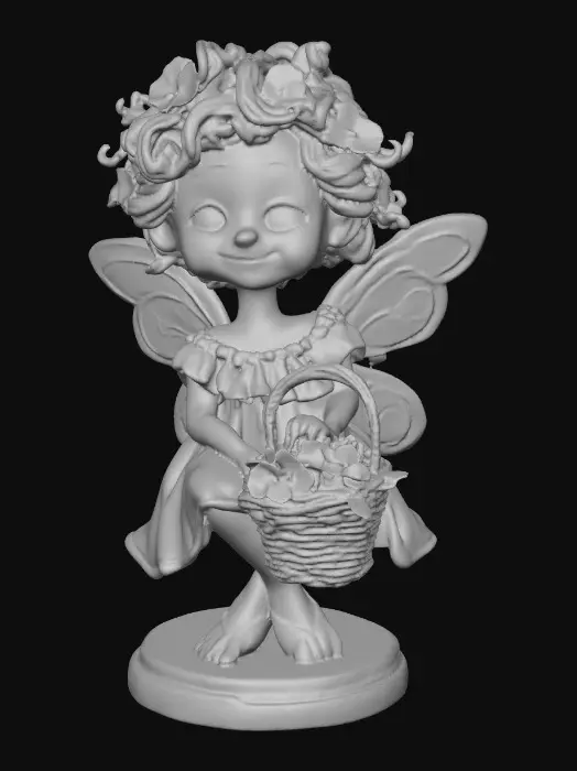 3D model for Fantasy art. Full body shot. Young curly head fairy holds a basket of flowers in her hands. stylized cartoon proportions, big expressive eyes, soft round freckled face, pink lips in a wide toothy smile, curly hair with tiny flowers entwined, pointy ears, ceramic embossed highly detailed wings, ruffeled dress, lacy socks. Sitting on a Round base. Cinematic warm lighting, golden hour atmosphere, Smooth animation-quality rendering, high realism textures, soft shadows, professional character design, full body shot, Whimsical storybook art. Delicate features. Against a pure white background, illustration, detailed, charming, whimsical, storybook art, best quality, masterpiece