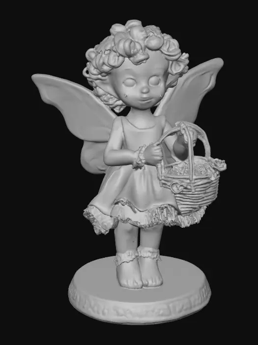3D model for Fantasy art. Full body shot. Young curly head fairy holds a basket of flowers in her hands. stylized cartoon proportions, big expressive eyes, soft round freckled face, pink lips in a wide toothy smile, curly hair with tiny flowers entwined, pointy ears, ceramic embossed highly detailed wings, ruffeled dress, lacy socks. Sitting on a Round base. Cinematic warm lighting, golden hour atmosphere, Smooth animation-quality rendering, high realism textures, soft shadows, professional character design, full body shot, Whimsical storybook art. Delicate features. Against a pure white background, illustration, detailed, charming, whimsical, storybook art, best quality, masterpiece