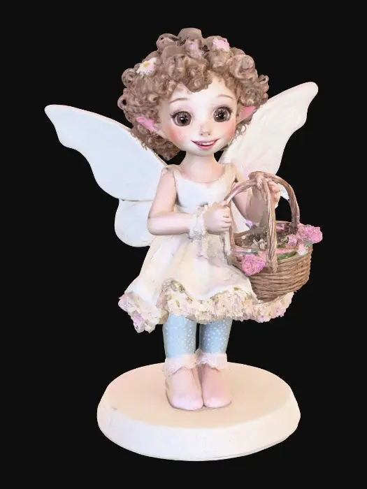 3D model for Fantasy art. Full body shot. Young curly head fairy holds a basket of flowers in her hands. stylized cartoon proportions, big expressive eyes, soft round freckled face, pink lips in a wide toothy smile, curly hair with tiny flowers entwined, pointy ears, ceramic embossed highly detailed wings, ruffeled dress, lacy socks. Sitting on a Round base. Cinematic warm lighting, golden hour atmosphere, Smooth animation-quality rendering, high realism textures, soft shadows, professional character design, full body shot, Whimsical storybook art. Delicate features. Against a pure white background, illustration, detailed, charming, whimsical, storybook art, best quality, masterpiece