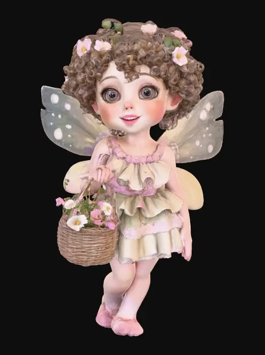 3D model for Fantasy art. Full body shot. Young curly head fairy holds a basket of flowers in her hands. stylized cartoon proportions, big expressive eyes, soft round freckled face, pink lips in a wide toothy smile, curly hair with tiny flowers entwined, pointy ears, ceramic embossed highly detailed wings, ruffeled dress, lacy socks. Sitting on a Round base. Cinematic warm lighting, golden hour atmosphere, Smooth animation-quality rendering, high realism textures, soft shadows, professional character design, full body shot, Whimsical storybook art. Delicate features. Against a pure white background, illustration, detailed, charming, whimsical, storybook art, best quality, masterpiece