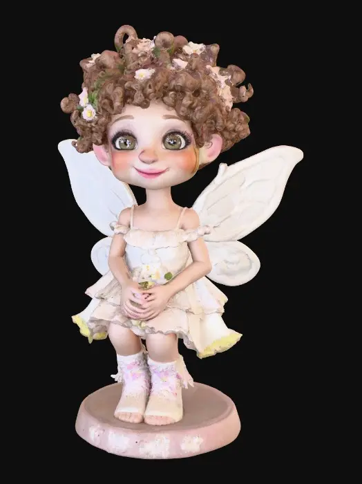 3D model for Fantasy art. Full body shot. Young curly head fairy holds a basket of flowers in her hands. stylized cartoon proportions, big expressive eyes, soft round freckled face, pink lips in a wide toothy smile, curly hair with tiny flowers entwined, pointy ears, ceramic embossed highly detailed wings, ruffeled dress, lacy socks. Sitting on a Round base. Cinematic warm lighting, golden hour atmosphere, Smooth animation-quality rendering, high realism textures, soft shadows, professional character design, full body shot, Whimsical storybook art. Delicate features. Against a pure white background, illustration, detailed, charming, whimsical, storybook art, best quality, masterpiece