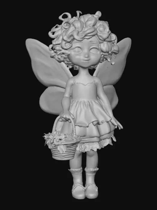 3D model for Fantasy art. Full body shot. Young curly head fairy holds a basket of flowers in her hands. stylized cartoon proportions, big expressive eyes, soft round freckled face, pink lips in a wide toothy smile, curly hair with tiny flowers entwined, pointy ears, ceramic embossed highly detailed wings, ruffeled dress, lacy socks. Sitting on a Round base. Cinematic warm lighting, golden hour atmosphere, Smooth animation-quality rendering, high realism textures, soft shadows, professional character design, full body shot, Whimsical storybook art. Delicate features. Against a pure white background, illustration, detailed, charming, whimsical, storybook art, best quality, masterpiece