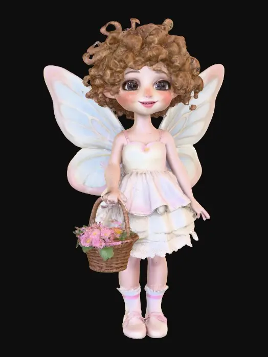 3D model for Fantasy art. Full body shot. Young curly head fairy holds a basket of flowers in her hands. stylized cartoon proportions, big expressive eyes, soft round freckled face, pink lips in a wide toothy smile, curly hair with tiny flowers entwined, pointy ears, ceramic embossed highly detailed wings, ruffeled dress, lacy socks. Sitting on a Round base. Cinematic warm lighting, golden hour atmosphere, Smooth animation-quality rendering, high realism textures, soft shadows, professional character design, full body shot, Whimsical storybook art. Delicate features. Against a pure white background, illustration, detailed, charming, whimsical, storybook art, best quality, masterpiece