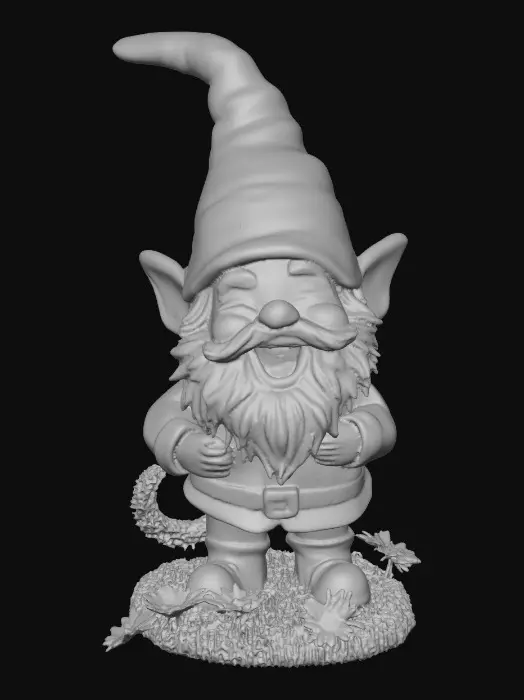 3D model for Hyper-realistic adorable laughing gnome and an adorable long-whiskered kitten that is playfully tugging at a strand of the gnome's long beard. They are positioned on a small, round grassy base adorned with delicate daisy-like flowers, evoking a scene of pure, joyful fun