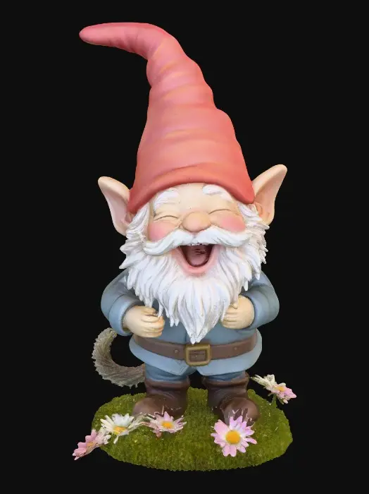 3D model for Hyper-realistic adorable laughing gnome and an adorable long-whiskered kitten that is playfully tugging at a strand of the gnome's long beard. They are positioned on a small, round grassy base adorned with delicate daisy-like flowers, evoking a scene of pure, joyful fun