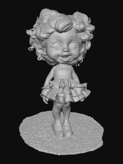3D model for Ultra-detailed Pixar/Disney style 3D character, cute young girl walking forward confidently, stylized cartoon proportions, big expressive green eyes, soft round freckled face, pink lips laughing out loud, curly auburn hair with tiny blue flowers,  ruffeled blue and white dress and cute sparkled shoes. Round grassy base. Cinematic warm lighting, golden hour atmosphere, soft depth of field,  Smooth animation-quality rendering, high realism textures, soft shadows, professional character design, full body shot, slight low angle perspective, cinematic composition, ultra sharp focus, 8K resolution, Unreal Engine / Pixar quality, clean render, no text, no watermark.