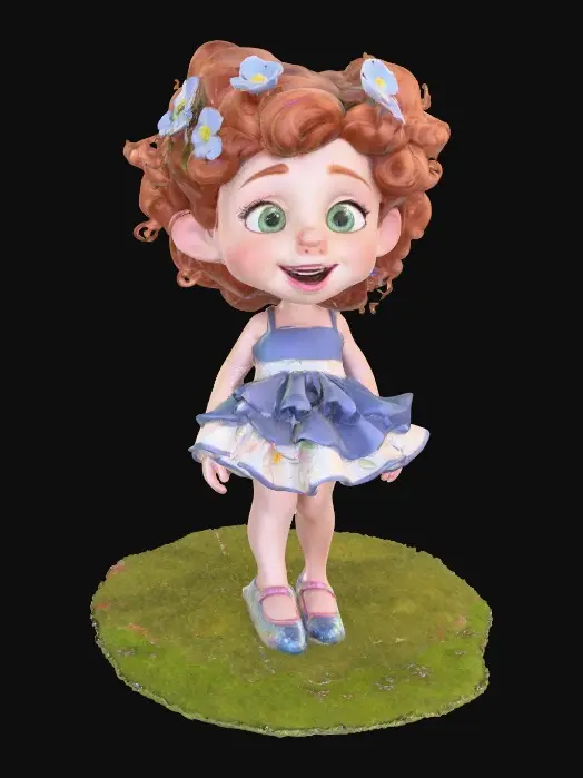 3D model for Ultra-detailed Pixar/Disney style 3D character, cute young girl walking forward confidently, stylized cartoon proportions, big expressive green eyes, soft round freckled face, pink lips laughing out loud, curly auburn hair with tiny blue flowers,  ruffeled blue and white dress and cute sparkled shoes. Round grassy base. Cinematic warm lighting, golden hour atmosphere, soft depth of field,  Smooth animation-quality rendering, high realism textures, soft shadows, professional character design, full body shot, slight low angle perspective, cinematic composition, ultra sharp focus, 8K resolution, Unreal Engine / Pixar quality, clean render, no text, no watermark.