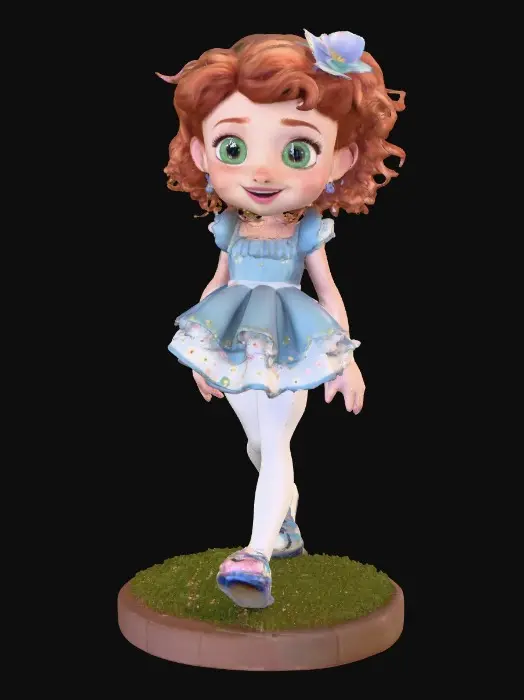 3D model for Ultra-detailed Pixar/Disney style 3D character, cute young girl walking forward confidently, stylized cartoon proportions, big expressive green eyes, soft round freckled face, pink lips laughing out loud, curly auburn hair with tiny blue flowers,  ruffeled blue and white dress and cute sparkled shoes. Round grassy base. Cinematic warm lighting, golden hour atmosphere, soft depth of field,  Smooth animation-quality rendering, high realism textures, soft shadows, professional character design, full body shot, slight low angle perspective, cinematic composition, ultra sharp focus, 8K resolution, Unreal Engine / Pixar quality, clean render, no text, no watermark.