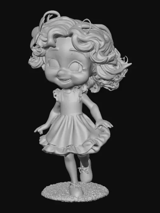 3D model for Ultra-detailed Pixar/Disney style 3D character, cute young girl walking forward confidently, stylized cartoon proportions, big expressive green eyes, soft round freckled face, pink lips laughing out loud, curly auburn hair with tiny blue flowers,  ruffeled blue and white dress and cute sparkled shoes. Round grassy base. Cinematic warm lighting, golden hour atmosphere, soft depth of field,  Smooth animation-quality rendering, high realism textures, soft shadows, professional character design, full body shot, slight low angle perspective, cinematic composition, ultra sharp focus, 8K resolution, Unreal Engine / Pixar quality, clean render, no text, no watermark.