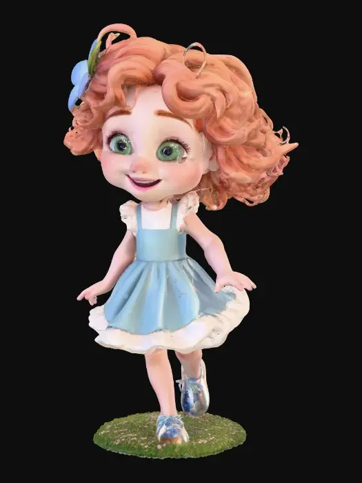 3D model for Ultra-detailed Pixar/Disney style 3D character, cute young girl walking forward confidently, stylized cartoon proportions, big expressive green eyes, soft round freckled face, pink lips laughing out loud, curly auburn hair with tiny blue flowers,  ruffeled blue and white dress and cute sparkled shoes. Round grassy base. Cinematic warm lighting, golden hour atmosphere, soft depth of field,  Smooth animation-quality rendering, high realism textures, soft shadows, professional character design, full body shot, slight low angle perspective, cinematic composition, ultra sharp focus, 8K resolution, Unreal Engine / Pixar quality, clean render, no text, no watermark.