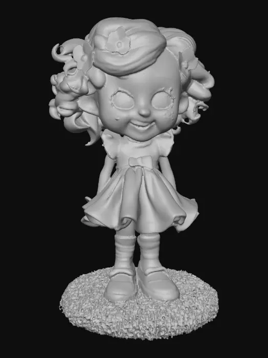 3D model for Ultra-detailed Pixar/Disney style 3D character, cute young girl walking forward confidently, stylized cartoon proportions, big expressive green eyes, soft round freckled face, pink lips laughing out loud, curly auburn hair with tiny blue flowers,  ruffeled blue and white dress and cute sparkled shoes. Round grassy base. Cinematic warm lighting, golden hour atmosphere, soft depth of field,  Smooth animation-quality rendering, high realism textures, soft shadows, professional character design, full body shot, slight low angle perspective, cinematic composition, ultra sharp focus, 8K resolution, Unreal Engine / Pixar quality, clean render, no text, no watermark.