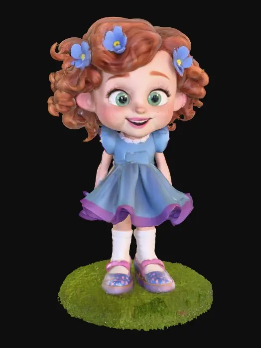 3D model for Ultra-detailed Pixar/Disney style 3D character, cute young girl walking forward confidently, stylized cartoon proportions, big expressive green eyes, soft round freckled face, pink lips laughing out loud, curly auburn hair with tiny blue flowers,  ruffeled blue and white dress and cute sparkled shoes. Round grassy base. Cinematic warm lighting, golden hour atmosphere, soft depth of field,  Smooth animation-quality rendering, high realism textures, soft shadows, professional character design, full body shot, slight low angle perspective, cinematic composition, ultra sharp focus, 8K resolution, Unreal Engine / Pixar quality, clean render, no text, no watermark.