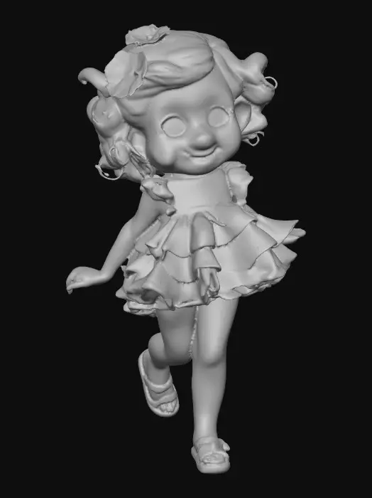 3D model for Ultra-detailed Pixar/Disney style 3D character, cute young girl walking forward confidently, stylized cartoon proportions, big expressive green eyes, soft round freckled face, pink lips laughing out loud, curly auburn hair with tiny blue flowers,  ruffeled blue and white dress and cute sparkled shoes. Round grassy base. Cinematic warm lighting, golden hour atmosphere, soft depth of field,  Smooth animation-quality rendering, high realism textures, soft shadows, professional character design, full body shot, slight low angle perspective, cinematic composition, ultra sharp focus, 8K resolution, Unreal Engine / Pixar quality, clean render, no text, no watermark.
