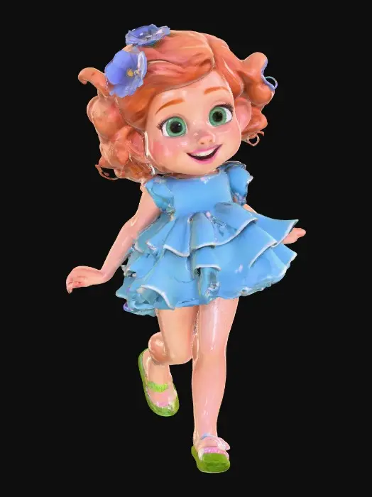 3D model for Ultra-detailed Pixar/Disney style 3D character, cute young girl walking forward confidently, stylized cartoon proportions, big expressive green eyes, soft round freckled face, pink lips laughing out loud, curly auburn hair with tiny blue flowers,  ruffeled blue and white dress and cute sparkled shoes. Round grassy base. Cinematic warm lighting, golden hour atmosphere, soft depth of field,  Smooth animation-quality rendering, high realism textures, soft shadows, professional character design, full body shot, slight low angle perspective, cinematic composition, ultra sharp focus, 8K resolution, Unreal Engine / Pixar quality, clean render, no text, no watermark.