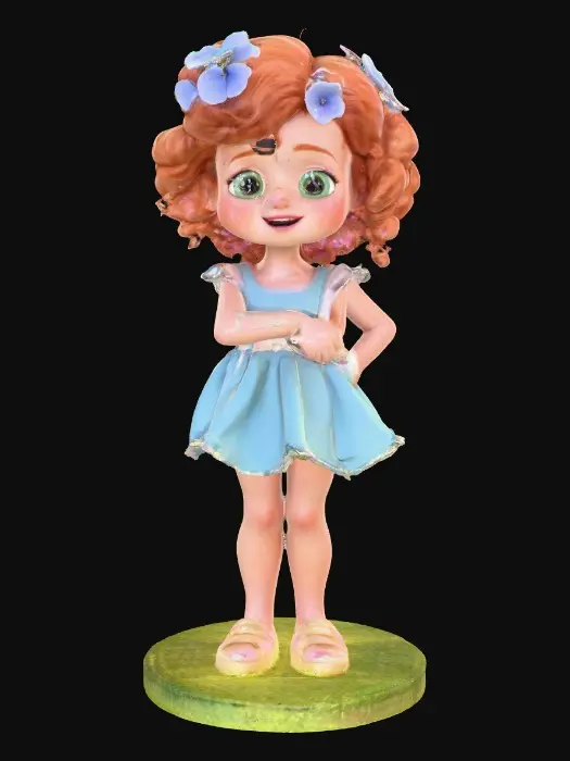 3D model for Ultra-detailed Pixar/Disney style 3D character, cute young girl walking forward confidently, stylized cartoon proportions, big expressive green eyes, soft round freckled face, pink lips laughing out loud, curly auburn hair with tiny blue flowers,  ruffeled blue and white dress and cute sparkled shoes. Round grassy base. Cinematic warm lighting, golden hour atmosphere, soft depth of field,  Smooth animation-quality rendering, high realism textures, soft shadows, professional character design, full body shot, slight low angle perspective, cinematic composition, ultra sharp focus, 8K resolution, Unreal Engine / Pixar quality, clean render, no text, no watermark.