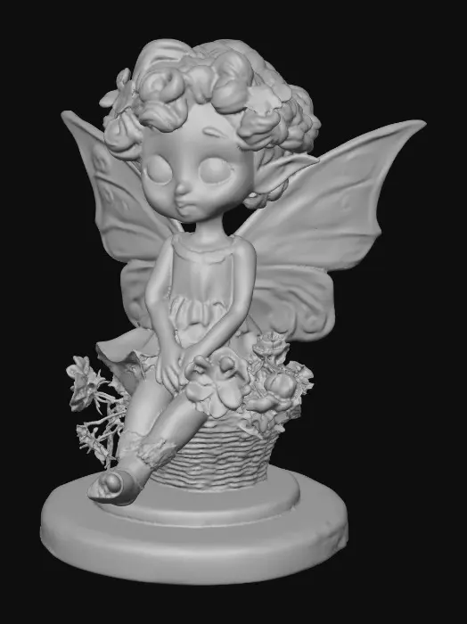 3D model for Fantasy art. Full body shot. Young curly head fairy holds a basket of flowers in her hands. stylized cartoon proportions, big expressive eyes, soft round freckled face, pink lips in a wide toothy smile, curly hair with tiny flowers entwined, pointy ears, ceramic embossed highly detailed wings, ruffeled dress, lacy socks. Sitting on a Round base. Cinematic warm lighting, golden hour atmosphere, Smooth animation-quality rendering, high realism textures, soft shadows, professional character design, full body shot, Whimsical storybook art. Delicate features. Against a pure white background, illustration, detailed, charming, whimsical, storybook art, best quality, masterpiece