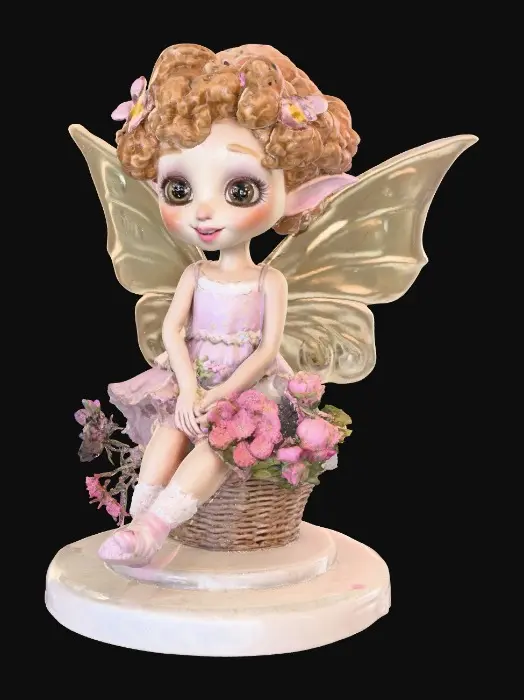 3D model for Fantasy art. Full body shot. Young curly head fairy holds a basket of flowers in her hands. stylized cartoon proportions, big expressive eyes, soft round freckled face, pink lips in a wide toothy smile, curly hair with tiny flowers entwined, pointy ears, ceramic embossed highly detailed wings, ruffeled dress, lacy socks. Sitting on a Round base. Cinematic warm lighting, golden hour atmosphere, Smooth animation-quality rendering, high realism textures, soft shadows, professional character design, full body shot, Whimsical storybook art. Delicate features. Against a pure white background, illustration, detailed, charming, whimsical, storybook art, best quality, masterpiece