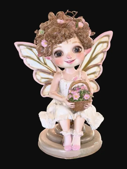 3D model for Fantasy art. Full body shot. Young curly head fairy holds a basket of flowers in her hands. stylized cartoon proportions, big expressive eyes, soft round freckled face, pink lips in a wide toothy smile, curly hair with tiny flowers entwined, pointy ears, ceramic embossed highly detailed wings, ruffeled dress, lacy socks. Sitting on a Round base. Cinematic warm lighting, golden hour atmosphere, Smooth animation-quality rendering, high realism textures, soft shadows, professional character design, full body shot, Whimsical storybook art. Delicate features. Against a pure white background, illustration, detailed, charming, whimsical, storybook art, best quality, masterpiece
