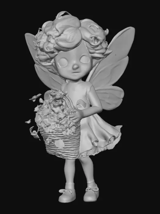 3D model for Fantasy art. Full body shot. Young curly head fairy holds a basket of flowers in her hands. stylized cartoon proportions, big expressive eyes, soft round freckled face, pink lips in a wide toothy smile, curly hair with tiny flowers entwined, pointy ears, ceramic embossed highly detailed wings, ruffeled dress, lacy socks. Sitting on a Round base. Cinematic warm lighting, golden hour atmosphere, Smooth animation-quality rendering, high realism textures, soft shadows, professional character design, full body shot, Whimsical storybook art. Delicate features. Against a pure white background, illustration, detailed, charming, whimsical, storybook art, best quality, masterpiece