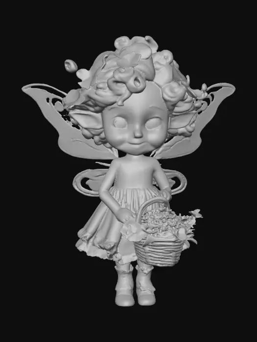 3D model for Fantasy art. Full body shot. Young curly head fairy holds a basket of flowers in her hands. stylized cartoon proportions, big expressive eyes, soft round freckled face, pink lips in a wide toothy smile, curly hair with tiny flowers entwined, pointy ears, ceramic embossed highly detailed wings, ruffeled dress, lacy socks. Sitting on a Round base. Cinematic warm lighting, golden hour atmosphere, Smooth animation-quality rendering, high realism textures, soft shadows, professional character design, full body shot, Whimsical storybook art. Delicate features. Against a pure white background, illustration, detailed, charming, whimsical, storybook art, best quality, masterpiece