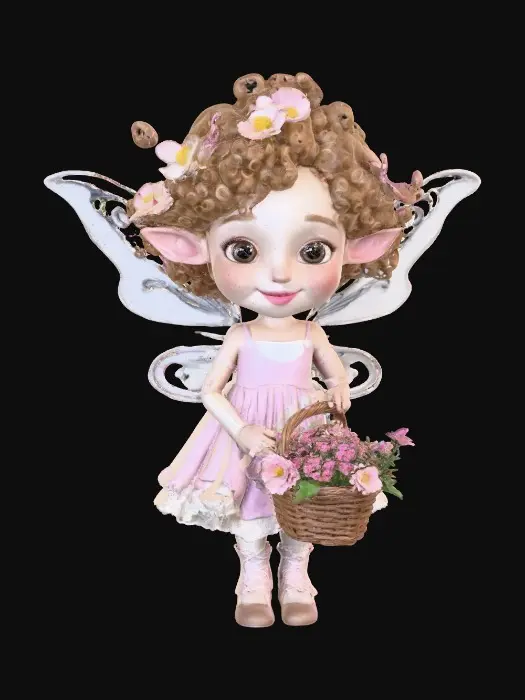 3D model for Fantasy art. Full body shot. Young curly head fairy holds a basket of flowers in her hands. stylized cartoon proportions, big expressive eyes, soft round freckled face, pink lips in a wide toothy smile, curly hair with tiny flowers entwined, pointy ears, ceramic embossed highly detailed wings, ruffeled dress, lacy socks. Sitting on a Round base. Cinematic warm lighting, golden hour atmosphere, Smooth animation-quality rendering, high realism textures, soft shadows, professional character design, full body shot, Whimsical storybook art. Delicate features. Against a pure white background, illustration, detailed, charming, whimsical, storybook art, best quality, masterpiece