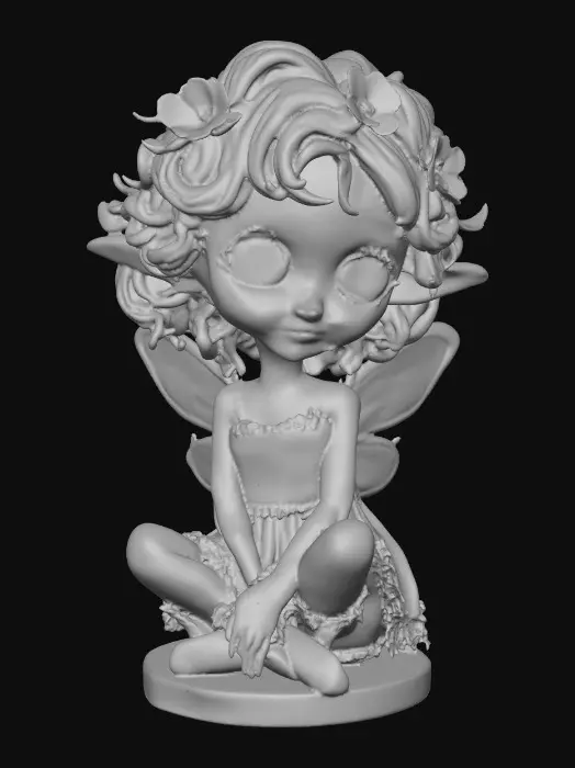 3D model for Fantasy art. Full body shot. Young curly head fairy holds a basket of flowers in her hands. stylized cartoon proportions, big expressive eyes, soft round freckled face, pink lips in a wide toothy smile, curly hair with tiny flowers entwined, pointy ears, ceramic embossed highly detailed wings, ruffeled dress, lacy socks. Sitting on a Round base. Cinematic warm lighting, golden hour atmosphere, Smooth animation-quality rendering, high realism textures, soft shadows, professional character design, full body shot, Whimsical storybook art. Delicate features. Against a pure white background, illustration, detailed, charming, whimsical, storybook art, best quality, masterpiece