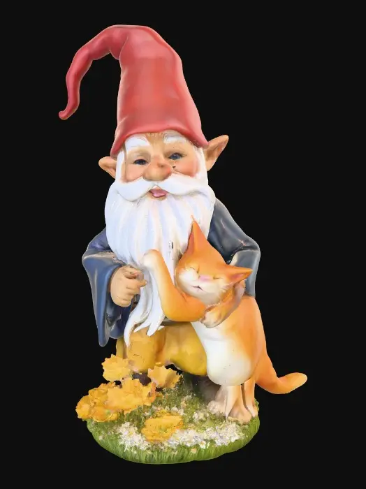 3D model for Hyper-realistic adorable wizard gnome and a long-whiskered cat playfully tugging a war with the gnome's long beard. They are positioned on a small, round grassy base adorned with delicate daisy-like flowers, evoking a scene of pure, joyful fun. The background is a clean, plain white, ensuring the focus remains entirely on the charming interaction between the gnome and the cat. Rendered in a vibrant, whimsical illustration style with soft, rounded edges, reminiscent of children's book art and the playful character designs of [artists like Beatrix Potter and Mary Blair], with bright, cheerful lighting.